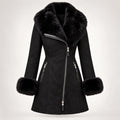 Women's Black Suede Shearling Coat with Fur Collar, front product shot - ZOQ Leather