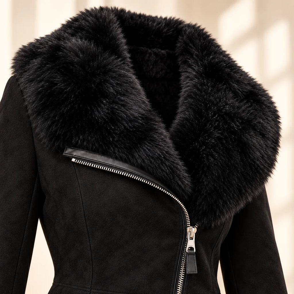 Women's Black Suede Shearling Coat with Fur Collar, fur collar close-up - ZOQ Leather