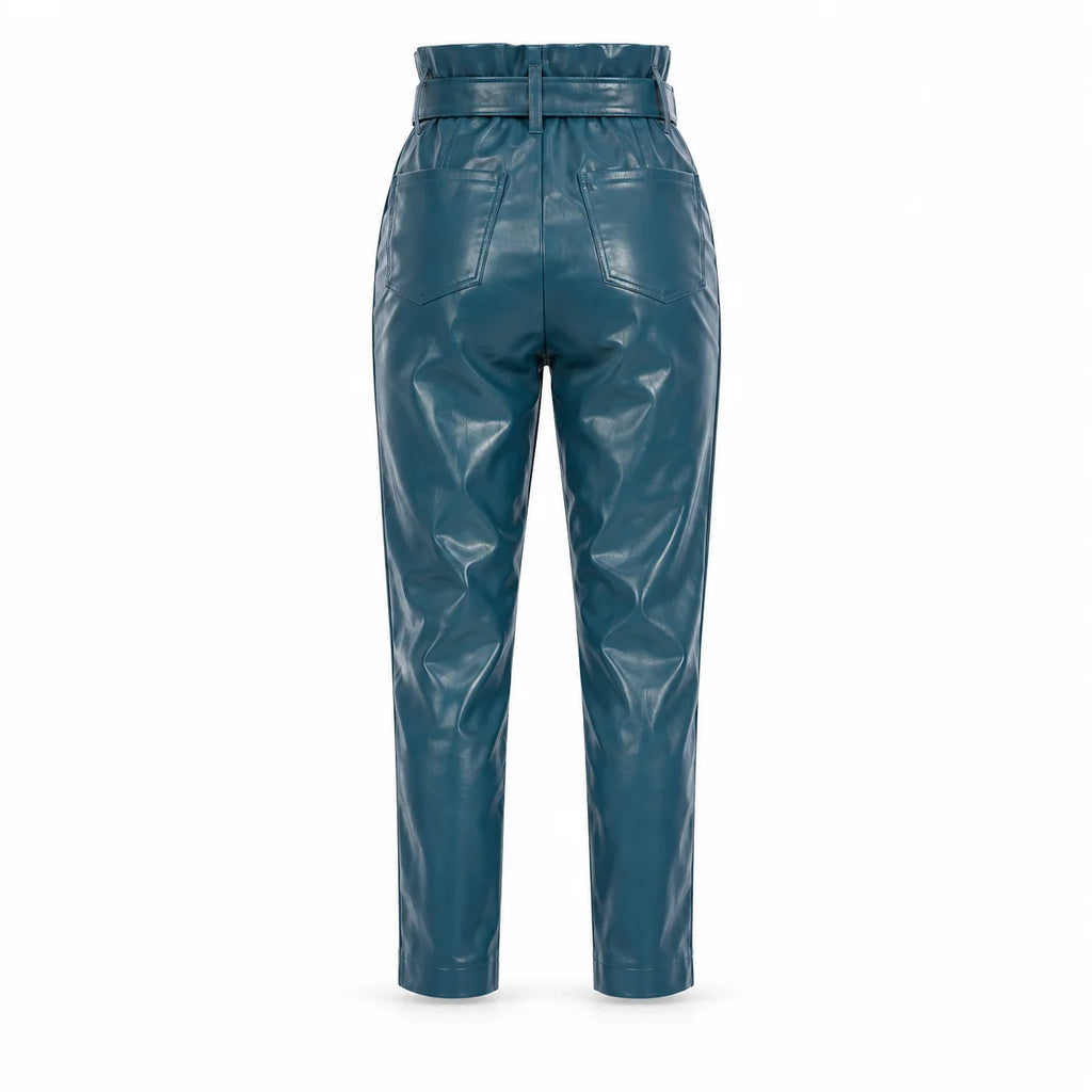 Women's High-Waist Teal Leather Paperbag Pants, back product shot - ZOQ Leather