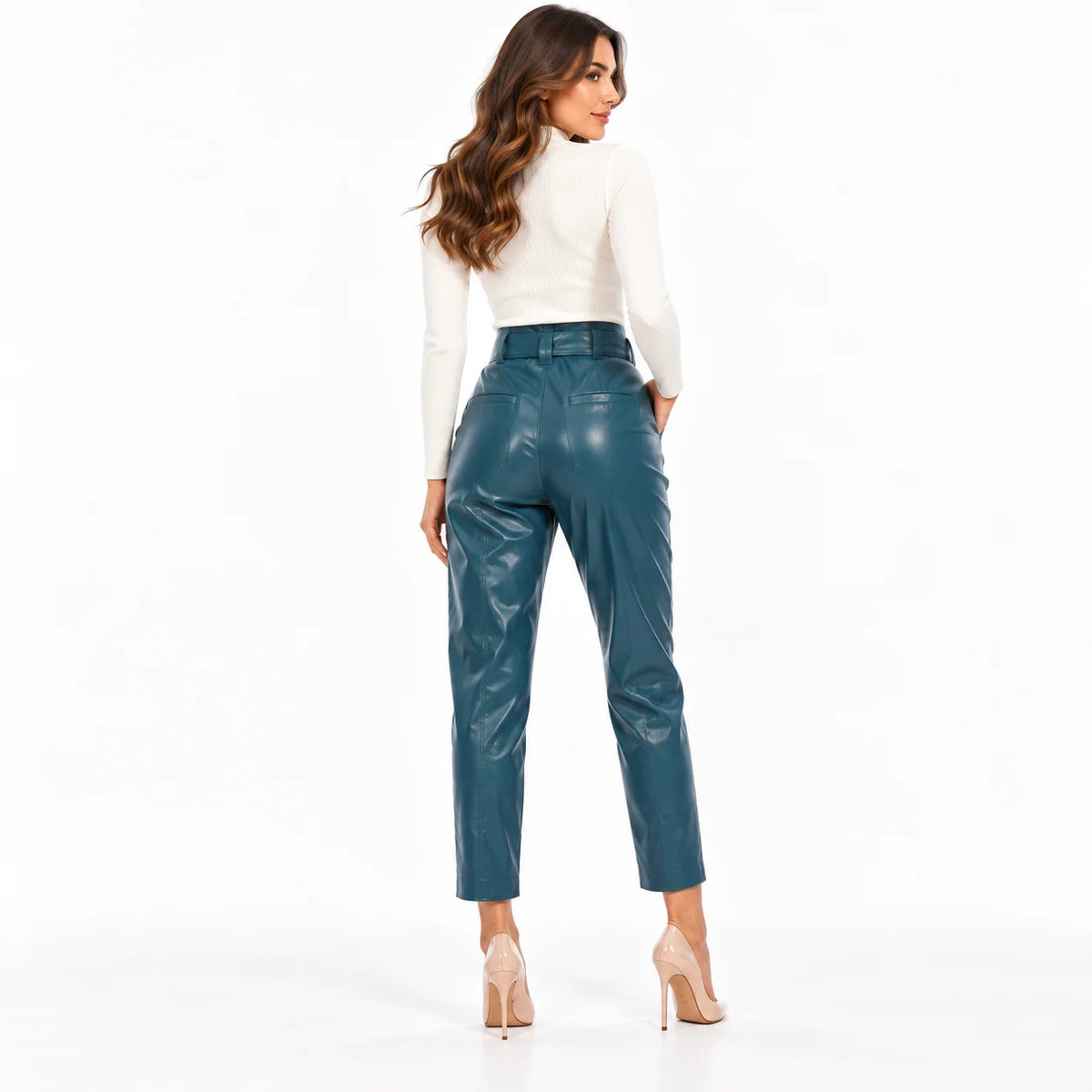 Women's High-Waist Teal Leather Paperbag Pants with Tie Belt, worn back view - ZOQ Leather