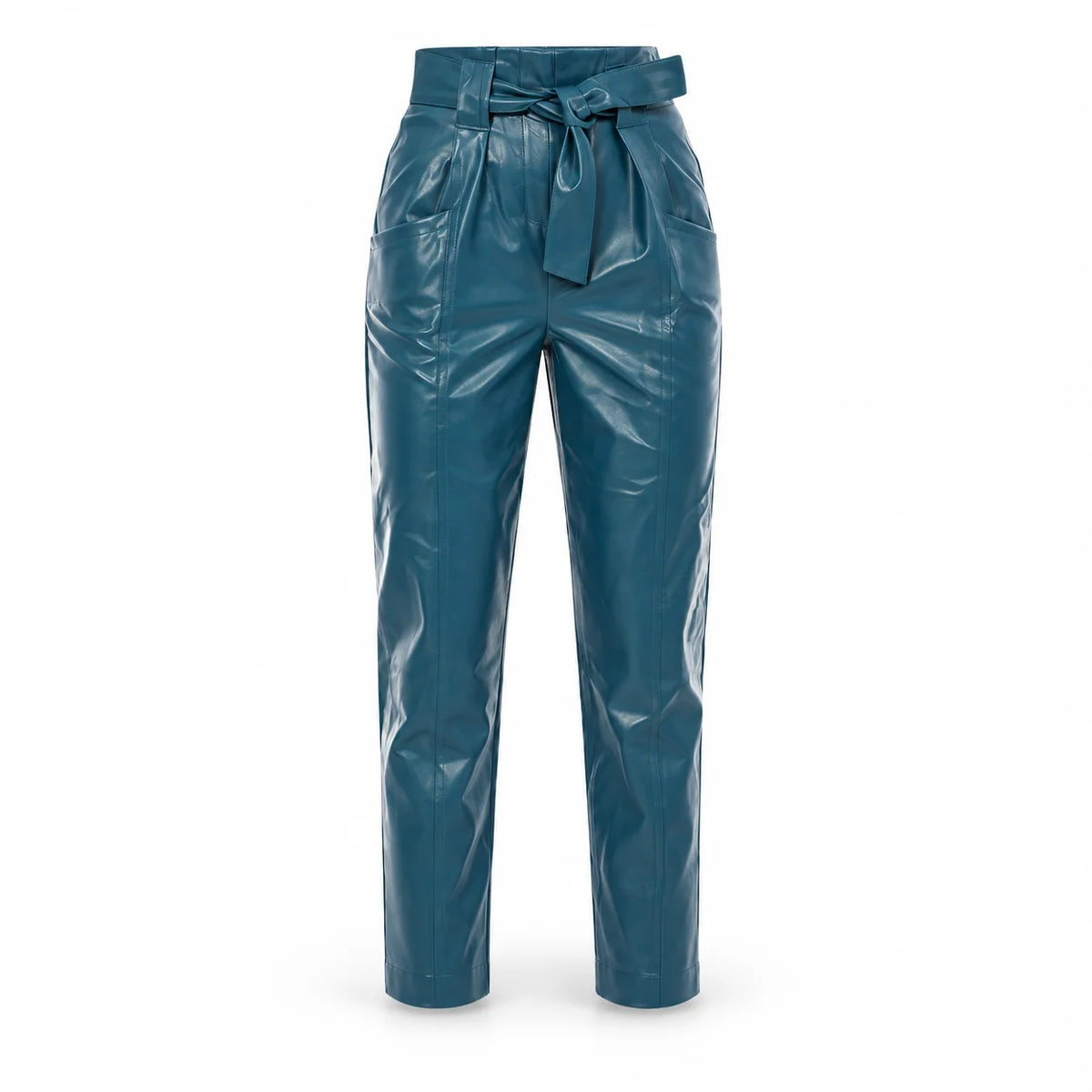 Women's High-Waist Teal Leather Paperbag Pants, front product shot - ZOQ Leather