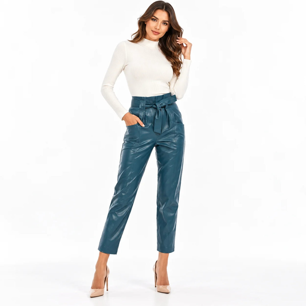Women's High-Waist Teal Leather Paperbag Pants with Tie Belt, worn front view - ZOQ Leather