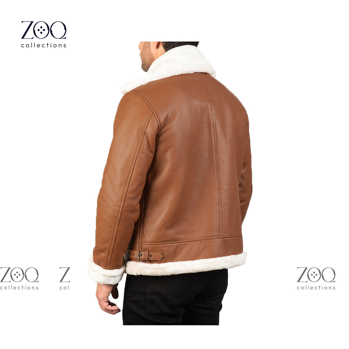 Men's Leather Jacket with Sheepskin Fur Shearling in brown leather with white fur - ZOQ Leather