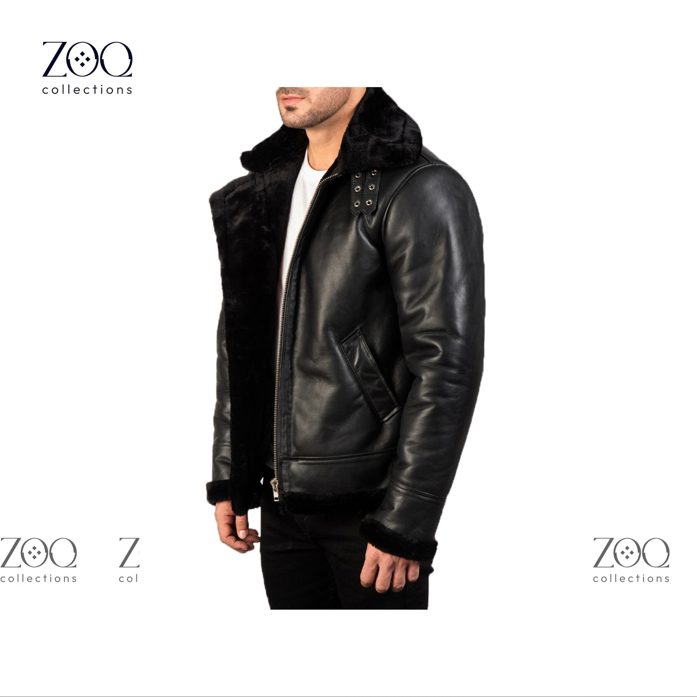 Men's Leather Jacket with Sheepskin Fur Shearling in Black leather with Black fur - ZOQ Leather