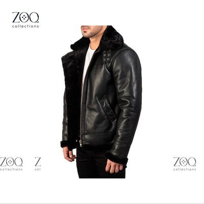 Men's Leather Jacket with Sheepskin Fur Shearling in Black leather with Black fur - ZOQ Leather