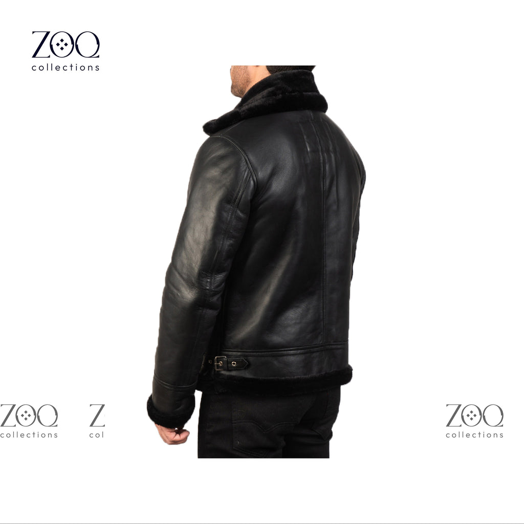 Men's Leather Jacket with Sheepskin Fur Shearling in Black leather with Black fur - ZOQ Leather