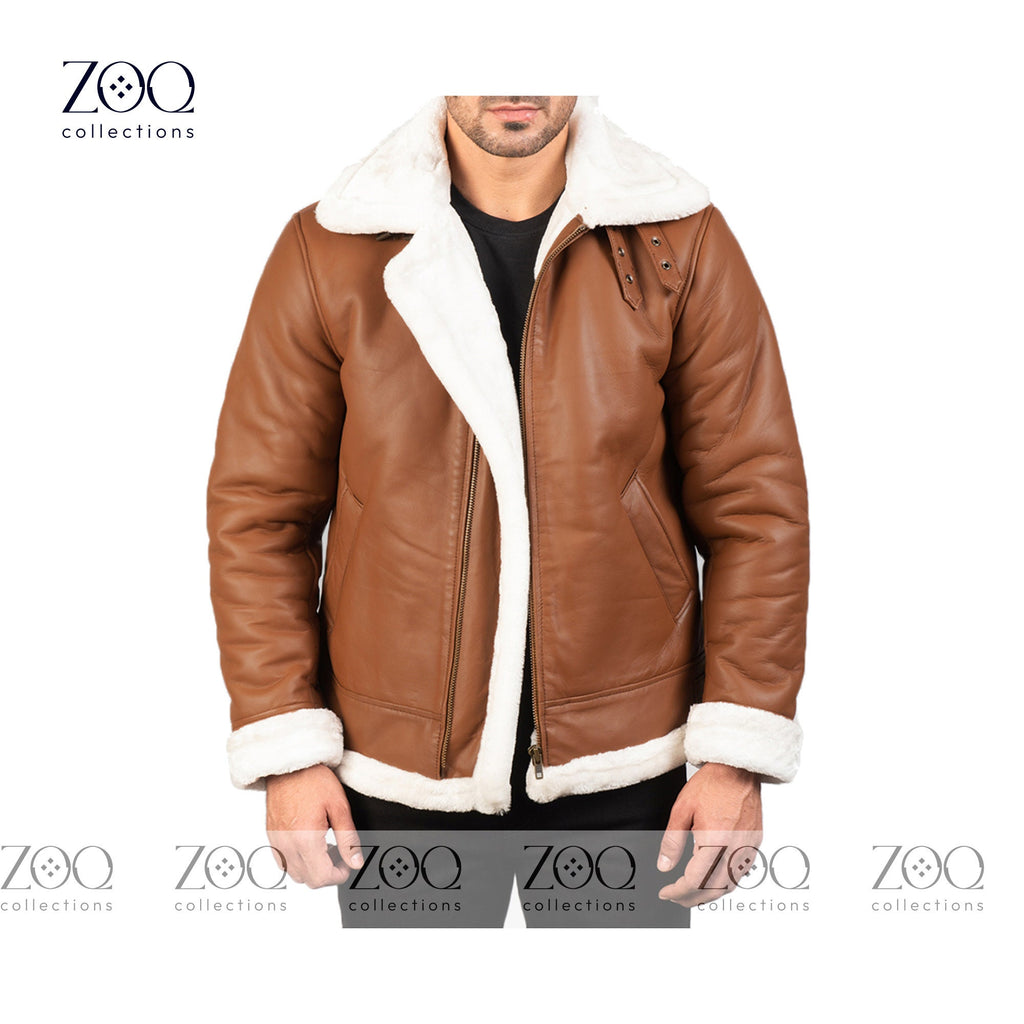 Men's Leather Jacket with Sheepskin Fur Shearling in brown leather with white fur - ZOQ Leather