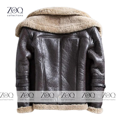 Winter Warm Real Sheep Shearling Fur Lining Bomber Leather Jacket - Premium Quality Brown Bomber Jacket for Men. - ZOQ Leather