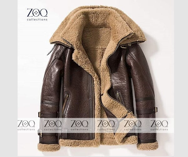 Winter Warm Real Sheep Shearling Fur Lining Bomber Leather Jacket - Premium Quality Brown Bomber Jacket for Men. - ZOQ Leather