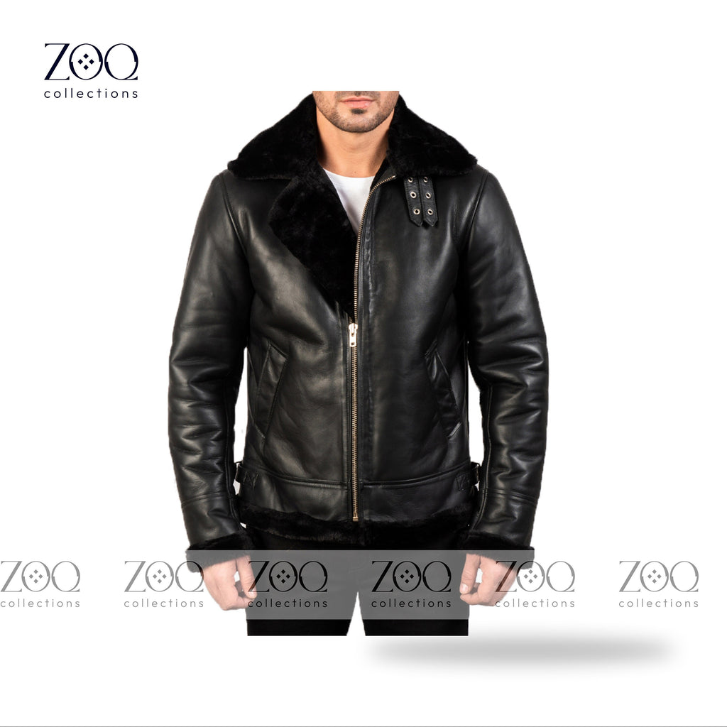 Men's Leather Jacket with Sheepskin Fur Shearling in Black leather with Black fur - ZOQ Leather