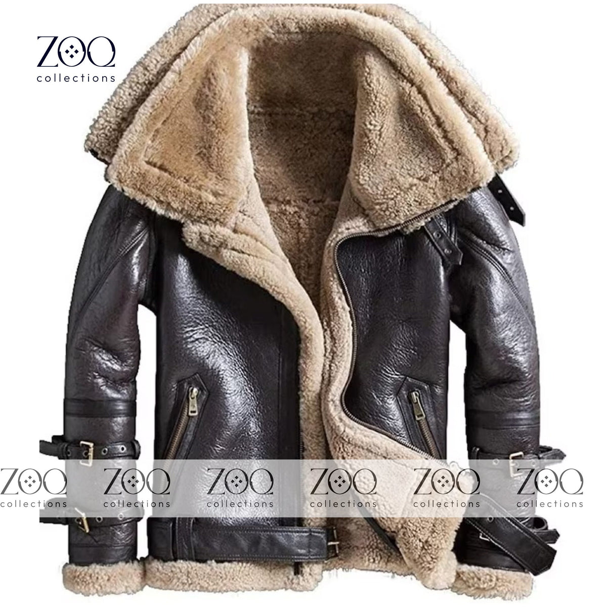 Winter Warm Real Sheep Shearling Fur Lining Bomber Leather Jacket - Premium Quality Brown Bomber Jacket for Men. - ZOQ Leather