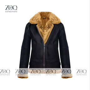 Brown Vintage Fur Shearling Warm Leather Jacket for Women in Black Leather B3 Bomber Coat Aviator Flight Pilot Coats - ZOQ Leather