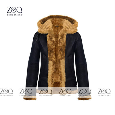 Brown Vintage Fur Shearling Warm Leather Jacket for Women in Black Leather B3 Bomber Coat Aviator Flight Pilot Coats - ZOQ Leather