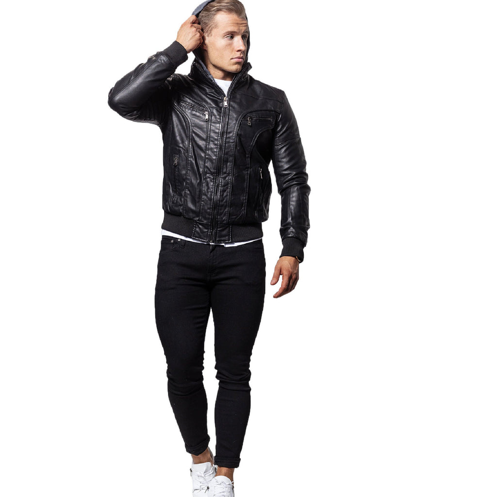 Stylish Black Sheepskin Leather Bomber Jacket for Men With Detachable Hood - ZOQ Leather