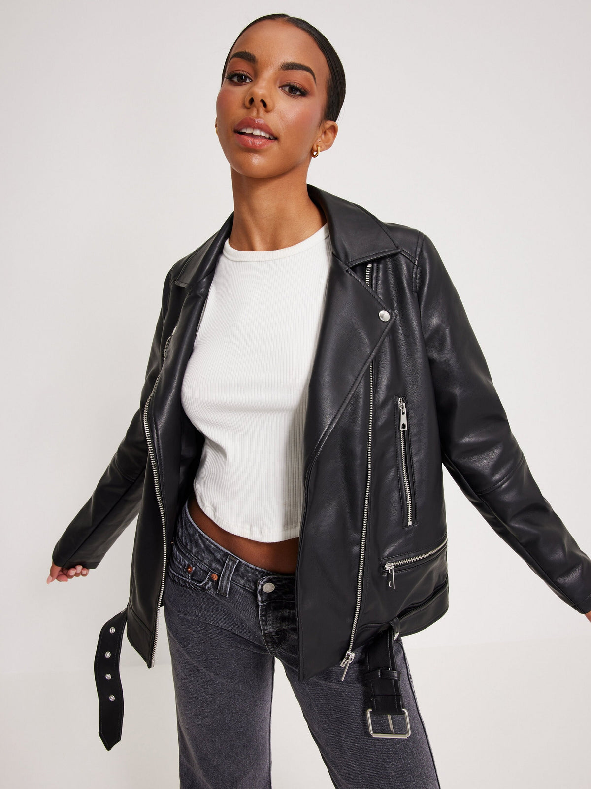 Women's Short Coated Black Lambskin Leather Biker Jacket With Waist Belt - ZOQ Leather