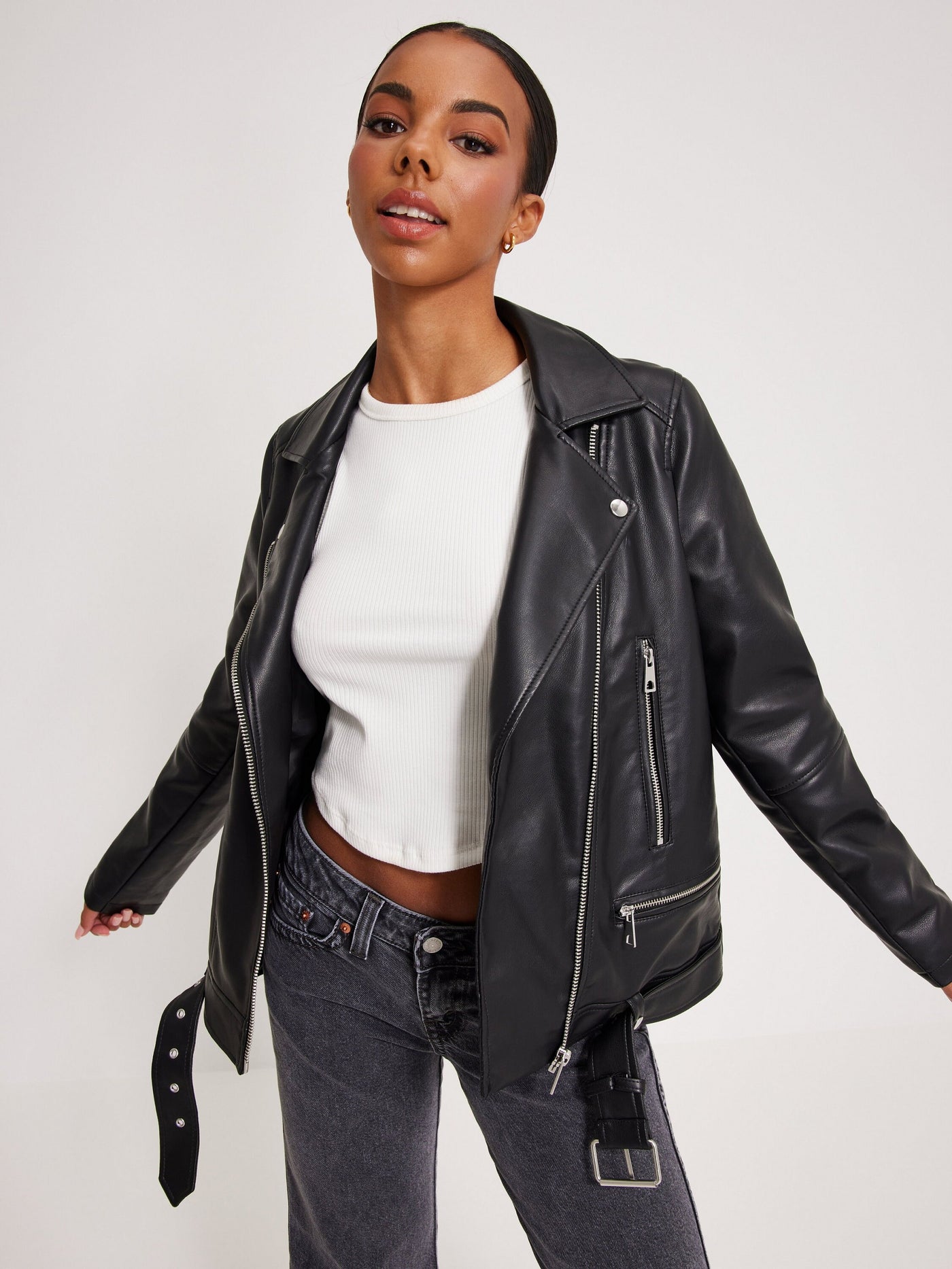 Women's Short Coated Black Lambskin Leather Biker Jacket With Waist Belt - ZOQ Leather