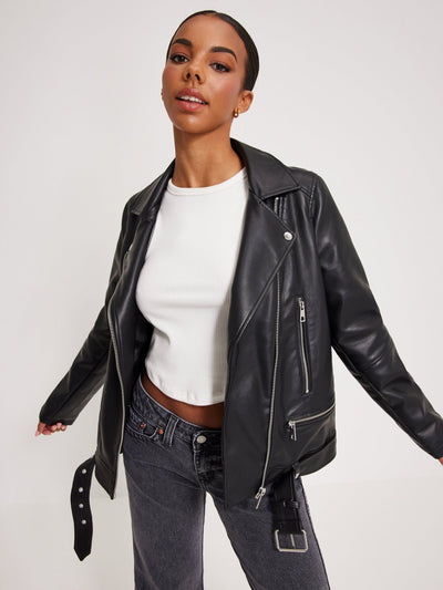 Women's Short Coated Black Lambskin Leather Biker Jacket With Waist Belt - ZOQ Leather