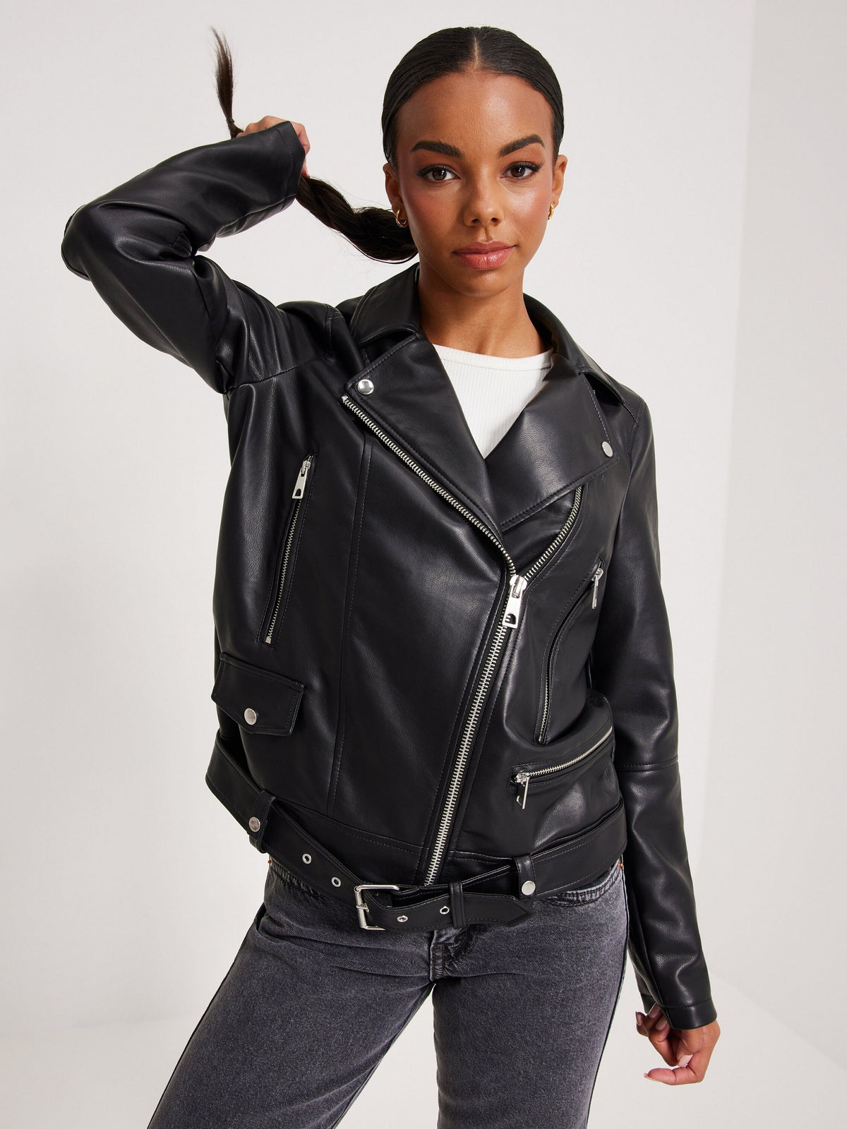 Women's Short Coated Black Lambskin Leather Biker Jacket With Waist Belt - ZOQ Leather