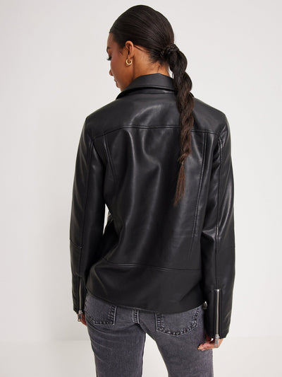 Women's Short Coated Black Lambskin Leather Biker Jacket With Waist Belt - ZOQ Leather