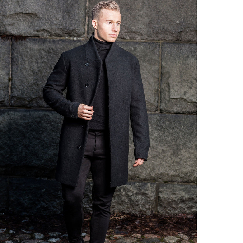 Classic Style Men's Black Slim Fit Wool Trench Coat - Short Length - ZOQ Leather