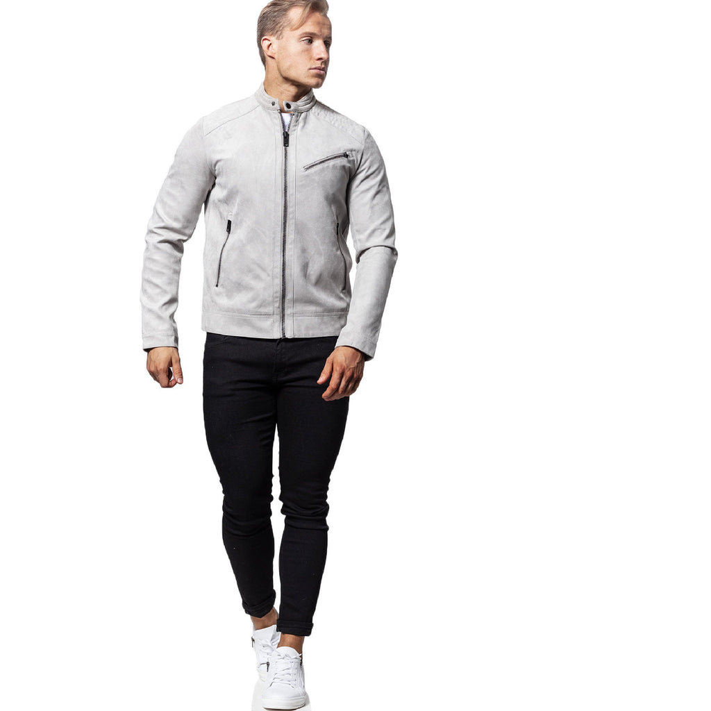 Light Grey Cafe Racer Suede Sheepskin Leather Jacket - ZOQ Leather