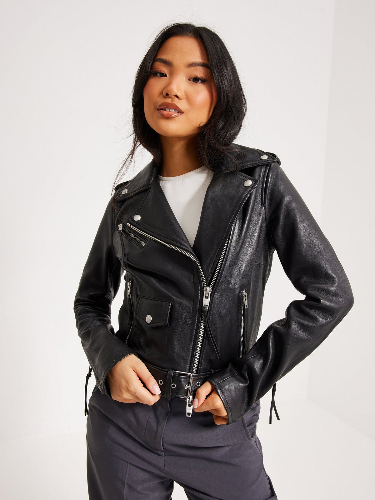 Women's Short Body Black Biker Sheepskin Leather Jacket with Waist Belt - ZOQ Leather