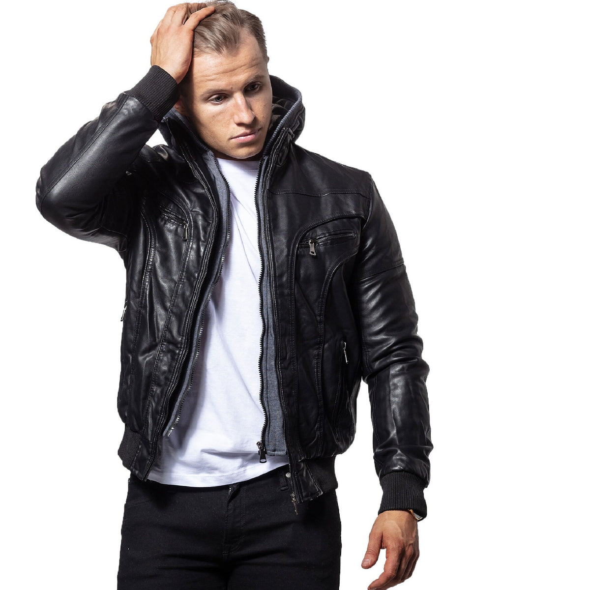 Stylish Black Sheepskin Leather Bomber Jacket for Men With Detachable Hood - ZOQ Leather