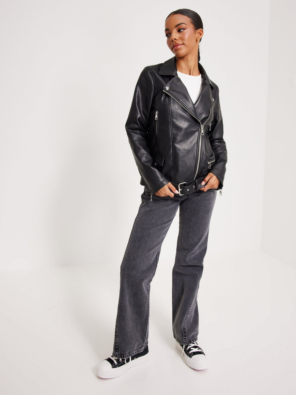 Women's Short Coated Black Lambskin Leather Biker Jacket With Waist Belt - ZOQ Leather