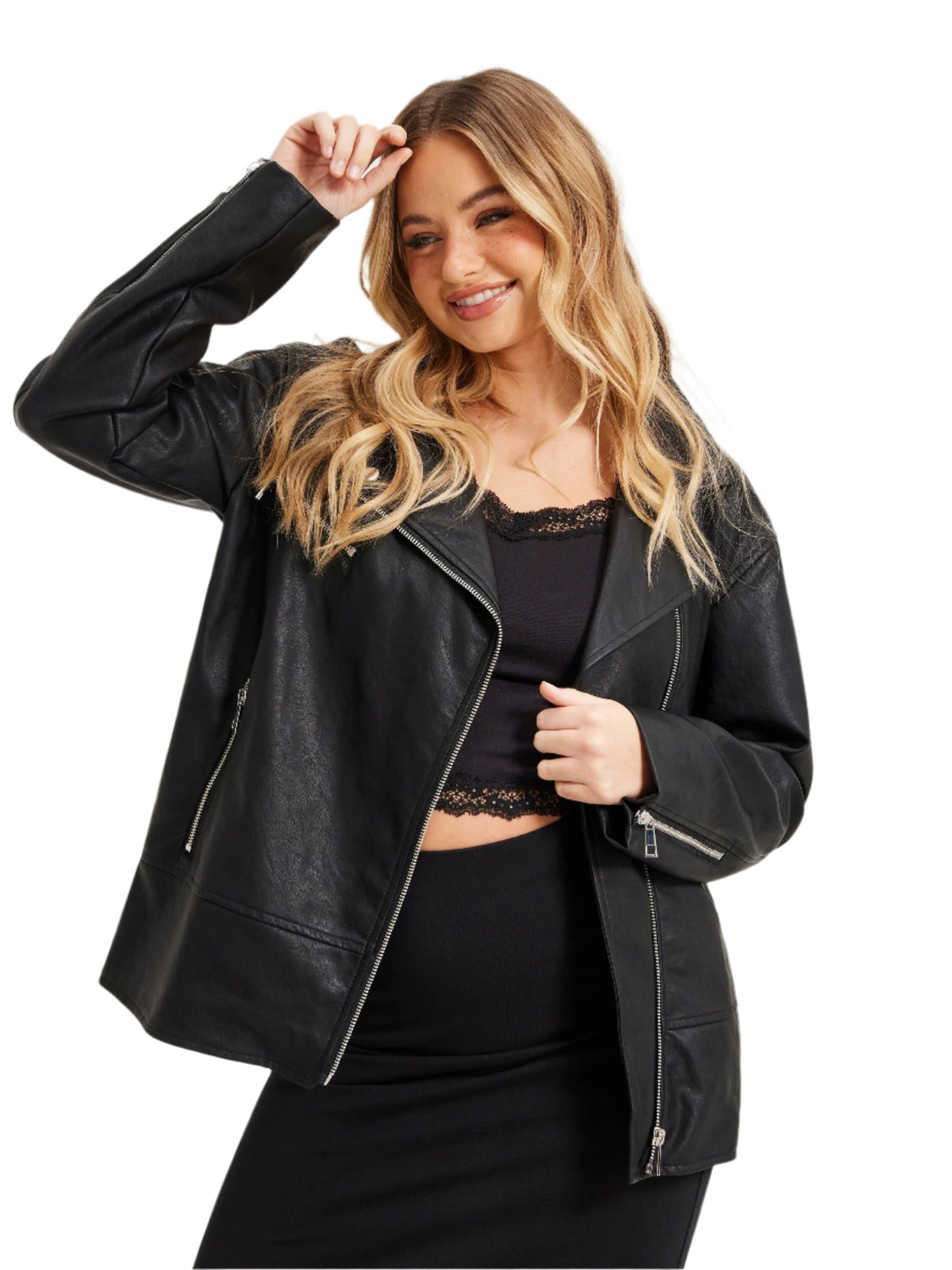 Women's Black Oversized Lambskin Leather Biker Jacket - ZOQ Leather