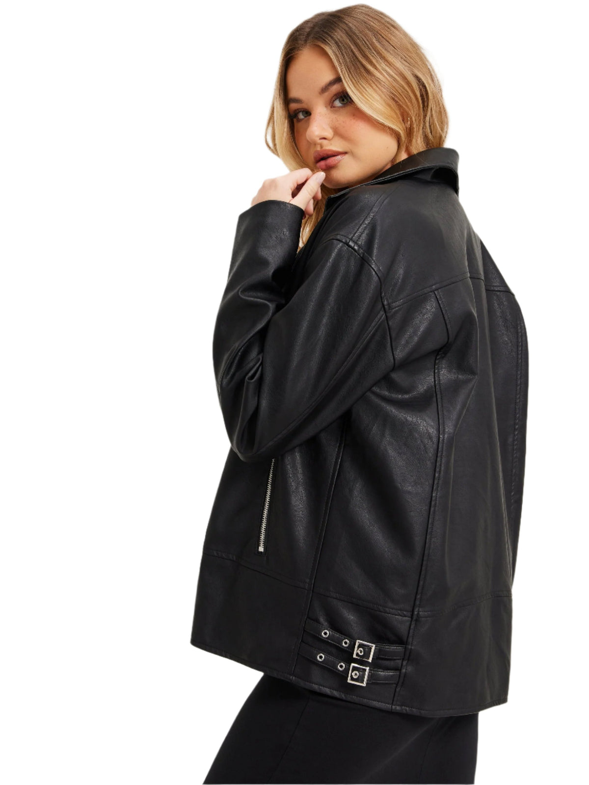 Women's Black Oversized Lambskin Leather Biker Jacket - ZOQ Leather