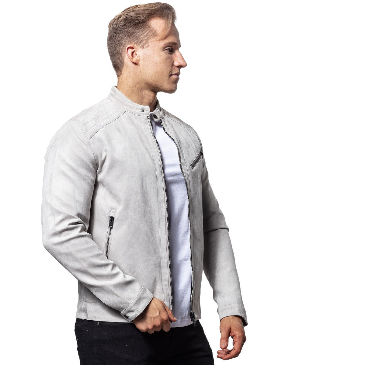Light Grey Cafe Racer Suede Sheepskin Leather Jacket - ZOQ Leather