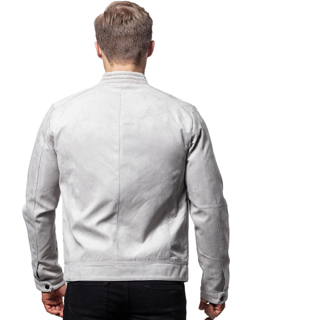 Light Grey Cafe Racer Suede Sheepskin Leather Jacket - ZOQ Leather