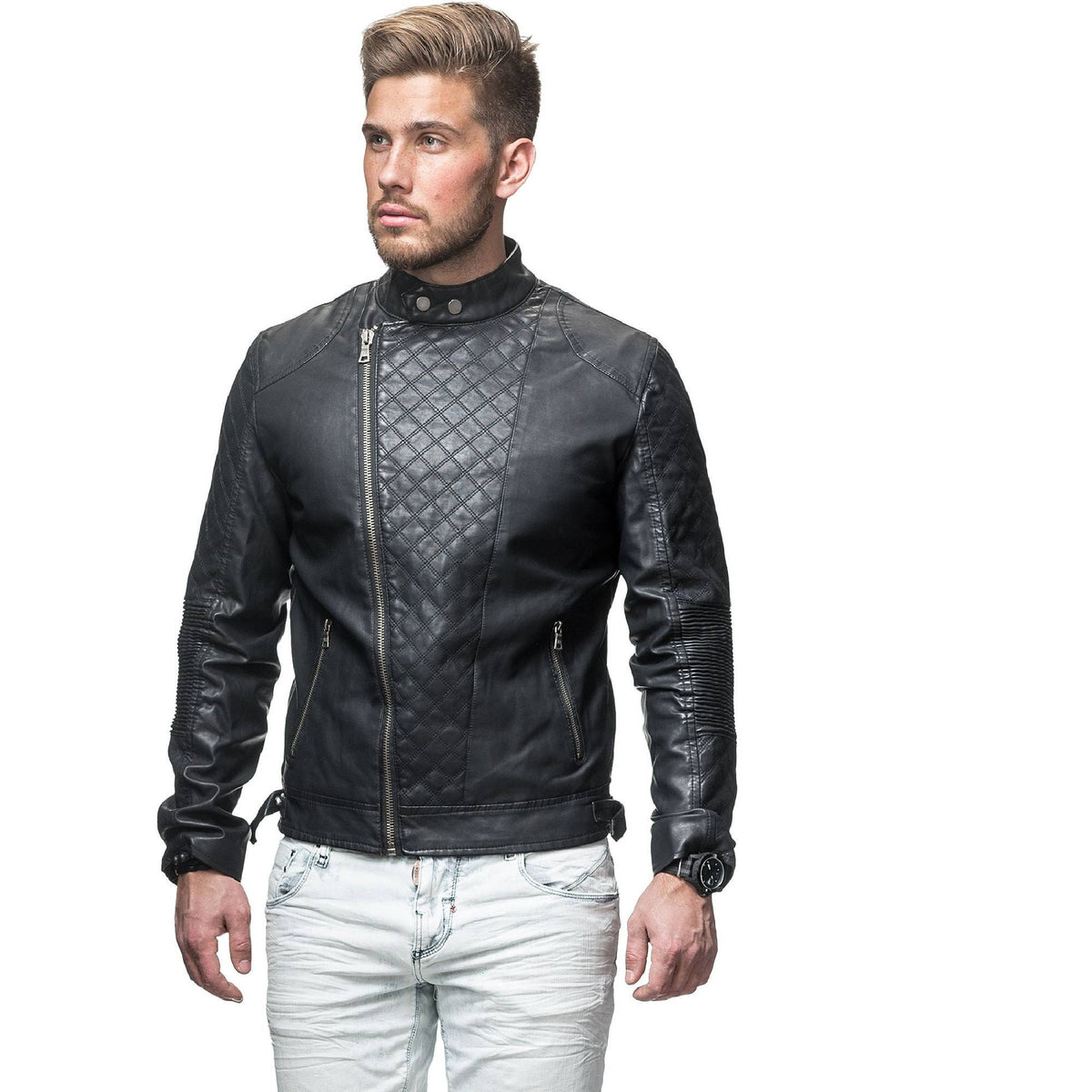 Stylish Diamond Quilted Sheepskin Leather Motorcycle Jacket for Men in Black - ZOQ Leather