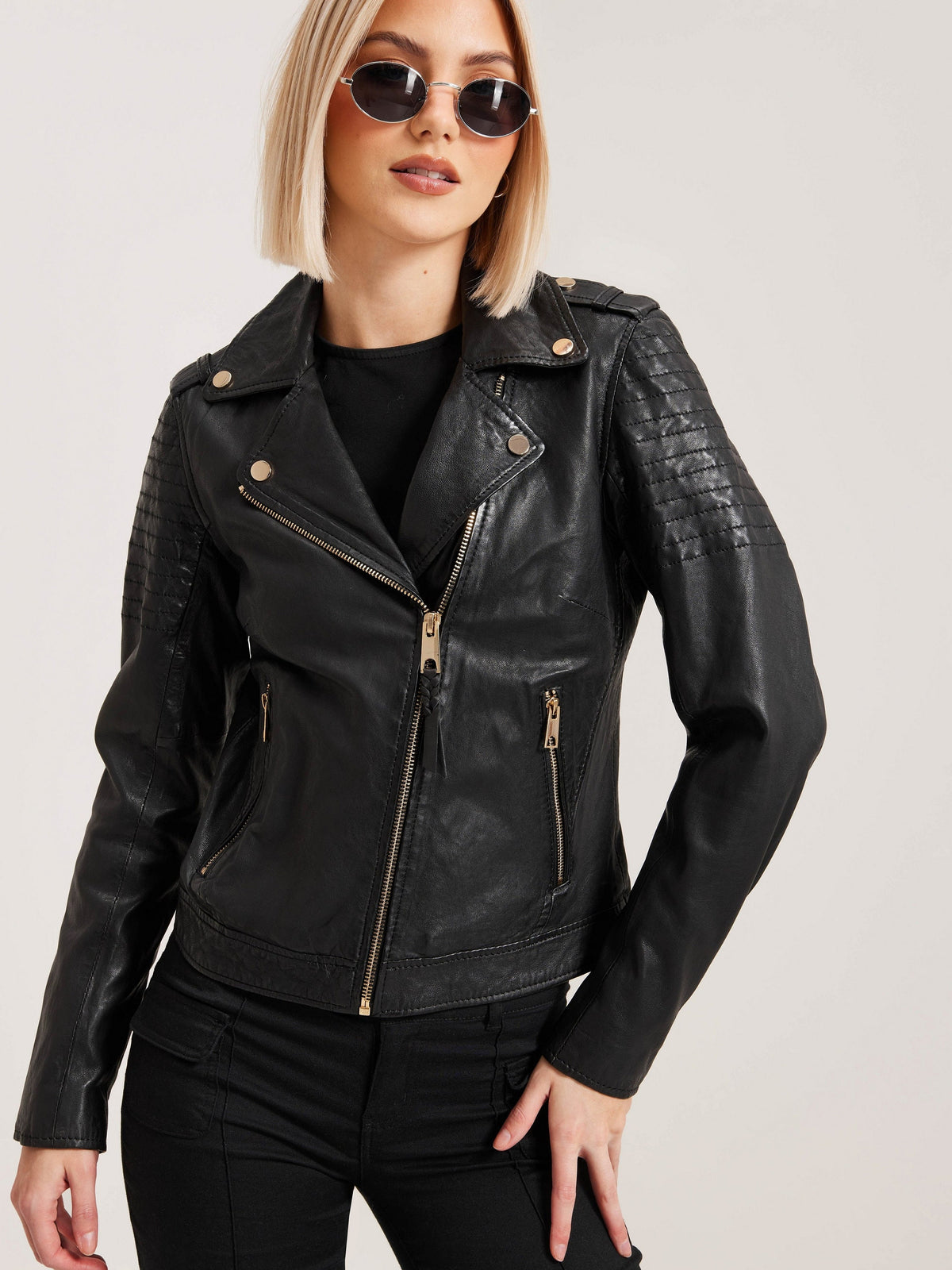 Women's Black Lambskin Leather Moto Jacket - ZOQ Leather