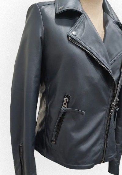 Womens Leather Jacket / Navy Blue Leather Jacket for women /Long Leather Jacket/ Biker Jacket/ Varsity Jacket - ZOQ Leather