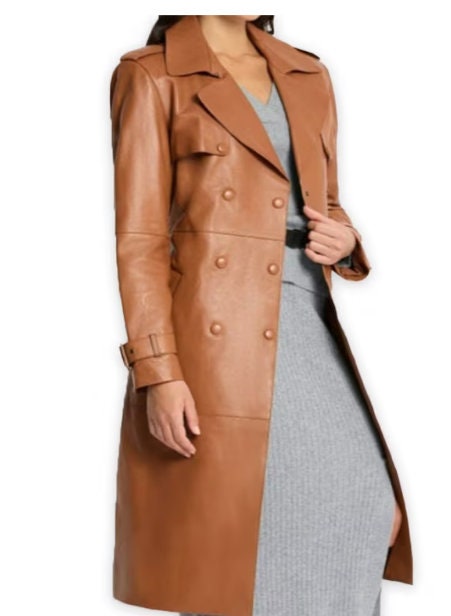 Women's Stylish Leather Trench Coat in Black and chestnut colors - ZOQ Leather
