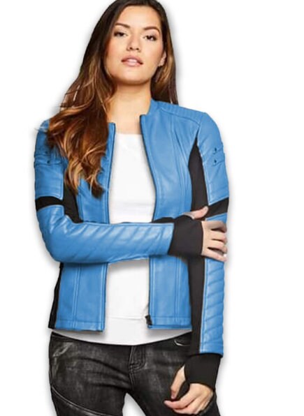 Leather Jacket for Women/ Genuine lamb Leather in Black leather and elastane fabric composition/ black and sky blue leather shades - ZOQ Leather
