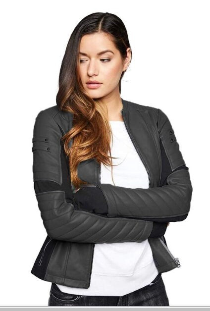 Leather Jacket for Women/ Genuine lamb Leather in Black leather and elastane fabric composition/ black and sky blue leather shades - ZOQ Leather