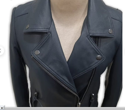 Womens Leather Jacket / Navy Blue Leather Jacket for women /Long Leather Jacket/ Biker Jacket/ Varsity Jacket - ZOQ Leather