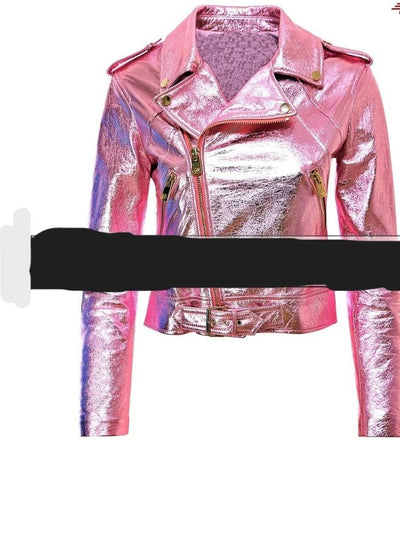 Women Pink Biker Jacket Women Metallic Motorcycle Jacket Womens Real Leather Crop Jackets - ZOQ Leather