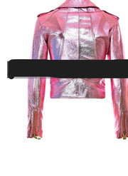 Women Pink Biker Jacket Women Metallic Motorcycle Jacket Womens Real Leather Crop Jackets - ZOQ Leather