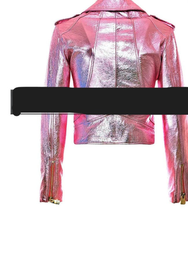 Women Pink Biker Jacket Women Metallic Motorcycle Jacket Womens Real Leather Crop Jackets - ZOQ Leather